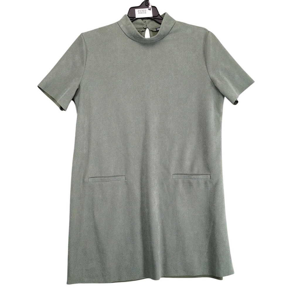 Zara Shift Dress Size XL Green Textured Short Sleeve Mock Neck Raw Hem Mini Chic